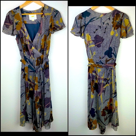 Anthro Maeve Silk Flutter Sleeve Abstract Floral Print Faux Wrap Dress - Picture 4 of 7